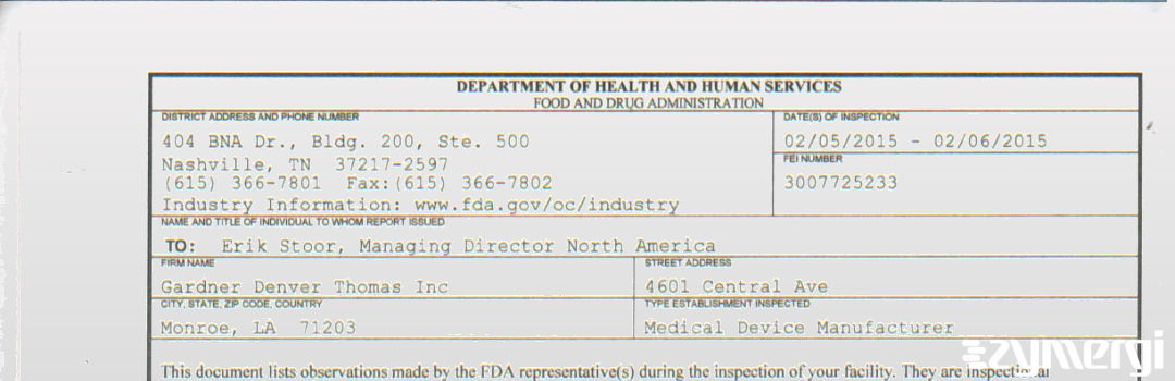 FDANews 483R Gardner Denver Thomas,  Inc Feb 6 2015 top