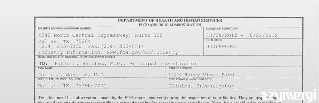 FDANews 483R Pablo J. Sanchez, M.D. Oct 22 2012 top