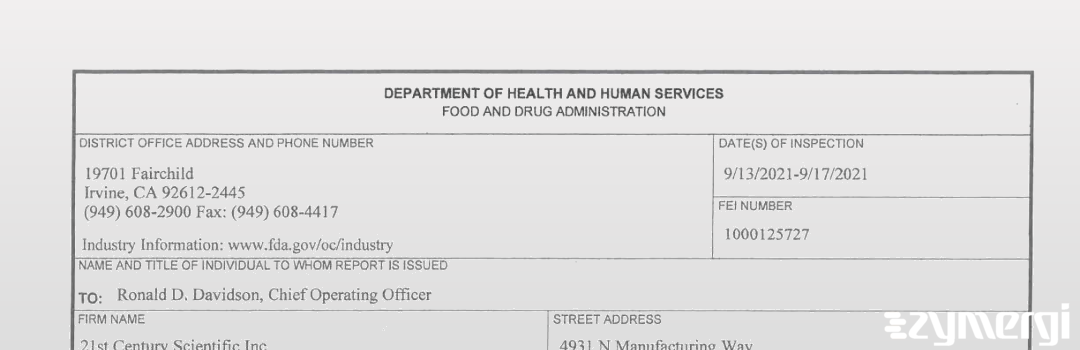 FDANews 483 21st Century Scientific Inc Sep 17 2021 top