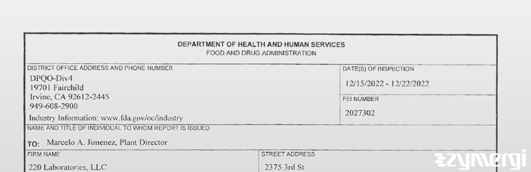 FDANews 483 220 Laboratories, LLC Dec 22 2022 top