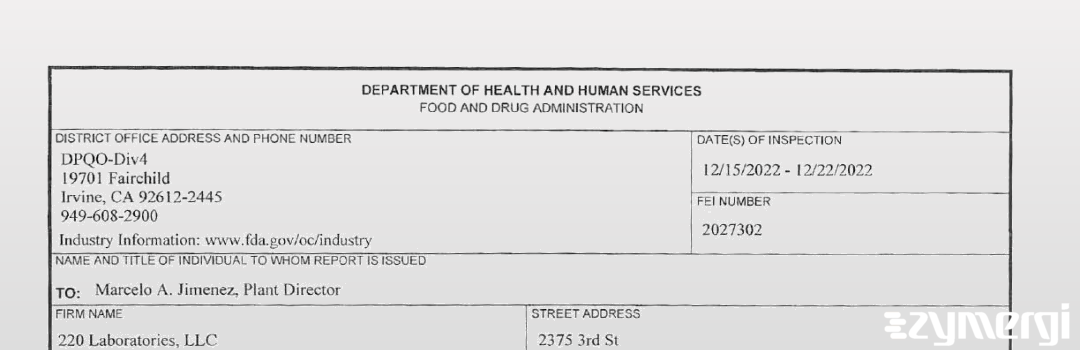 FDANews 483 220 Laboratories, LLC Dec 22 2022 top