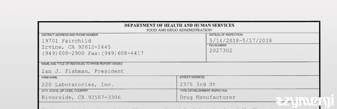 FDANews 483 220 Laboratories, Inc. May 17 2018 top