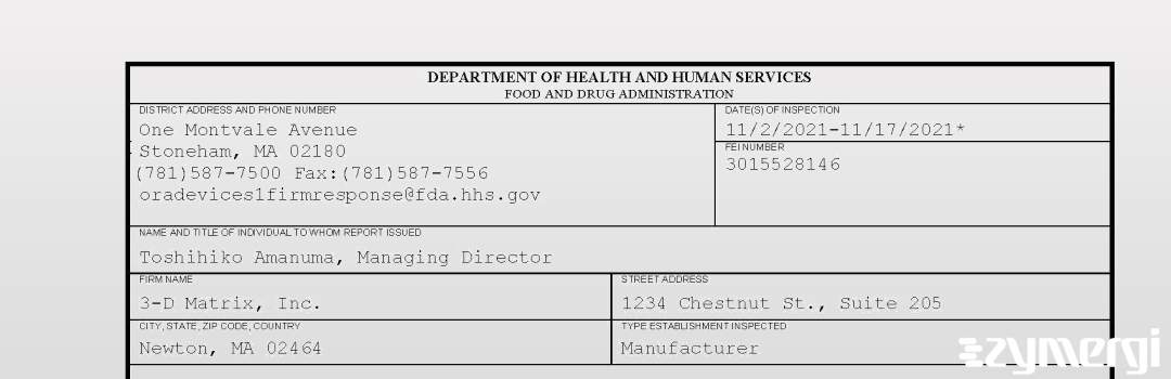 FDANews 483 3-D Matrix, Inc. Nov 17 2021 top