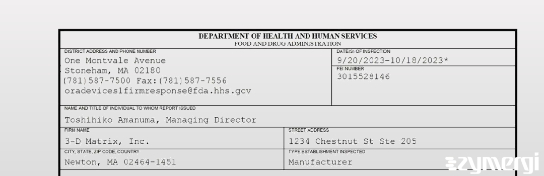 FDANews 483 3-D Matrix, Inc. Oct 18 2023 top