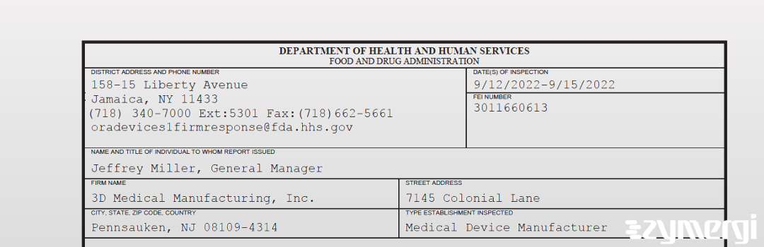 FDANews 483 3D Medical Manufacturing, Inc. Sep 15 2022 top