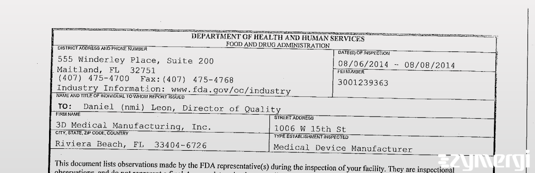FDANews 483 3D Medical Manufacturing, Inc. Aug 8 2014 top