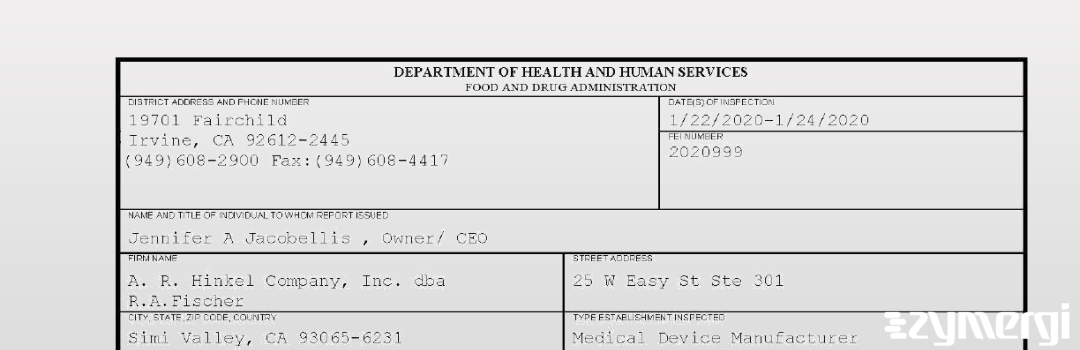 FDANews 483 A. R. Hinkel Company, Inc. dba R.A.Fischer Jan 24 2020 top