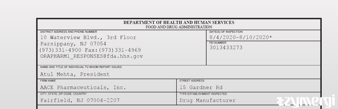 FDANews 483 AACE Pharmaceuticals, Inc. Aug 10 2020 top