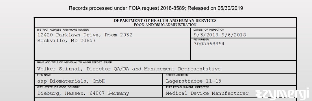 FDANews 483 aap Biomaterials, GmbH Sep 6 2018 top