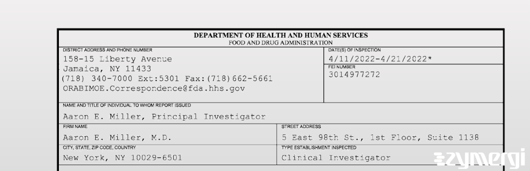 FDANews 483 Aaron E. Miller, M.D. Apr 21 2022 top