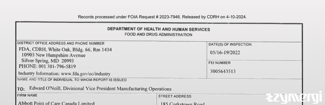 FDANews 483 Abbott Point of Care Canada Limited May 19 2022 top