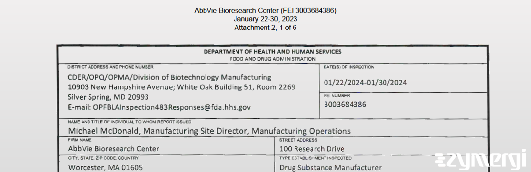 FDANews 483 AbbVie Bioresearch Center, Inc. Jan 30 2024 top