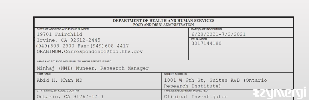 FDANews 483 Abid H. Khan MD Jul 2 2021 top