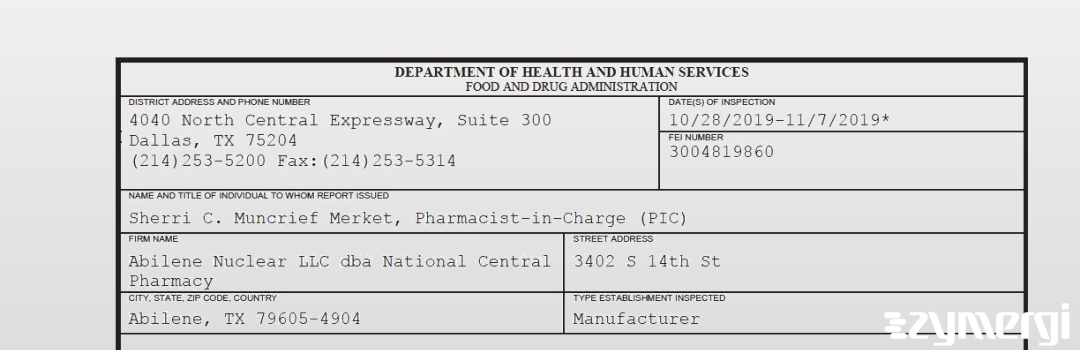 FDANews 483 Abilene Nuclear LLC dba National Central Pharmacy Nov 7 2019 top