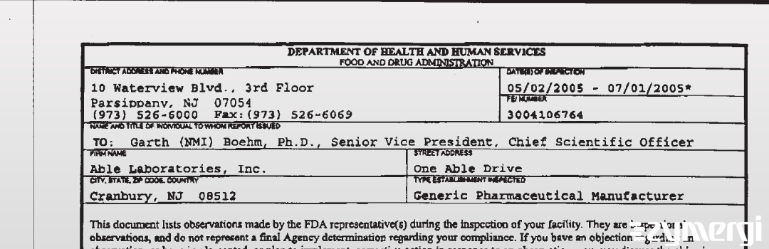 FDANews 483 Able Laboratories Inc. Jul 1 2005 top