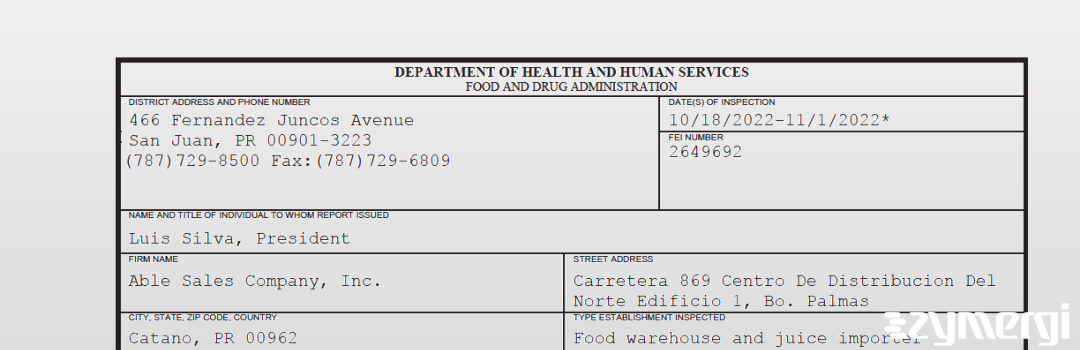 FDANews 483 Able Sales Company, Inc. Nov 1 2022 top