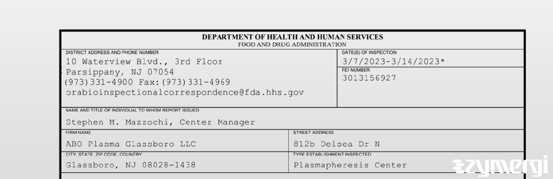 FDANews 483 ABO Plasma Glassboro LLC Mar 14 2023 top