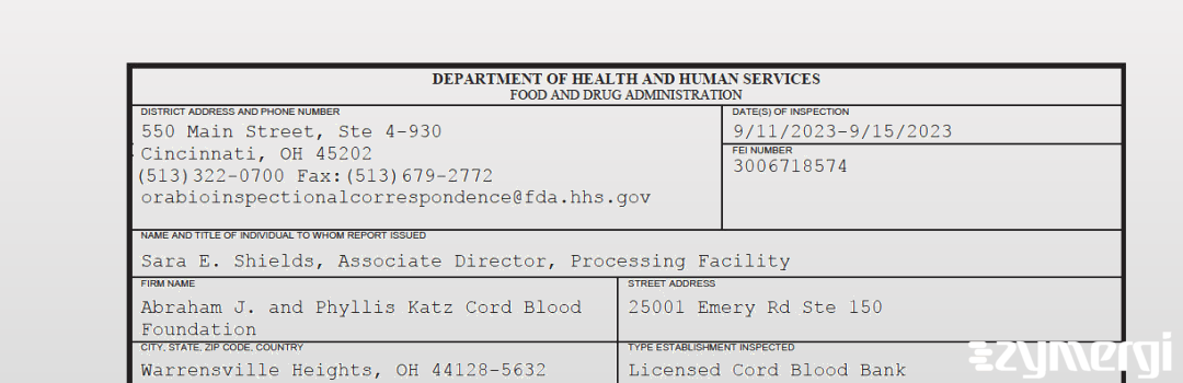 FDANews 483 Abraham J. and Phyllis Katz Cord Blood Foundation Sep 15 2023 top