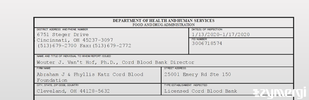 FDANews 483 Abraham J & Phyllis Katz Cord Blood Foundation Jan 17 2020 top