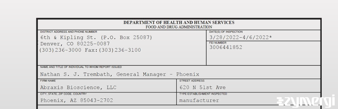 FDANews 483 Abraxis Bioscience Llc Apr 6 2022 top