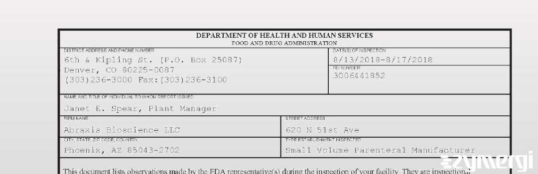 FDANews 483 Abraxis Bioscience Llc Aug 17 2018 top