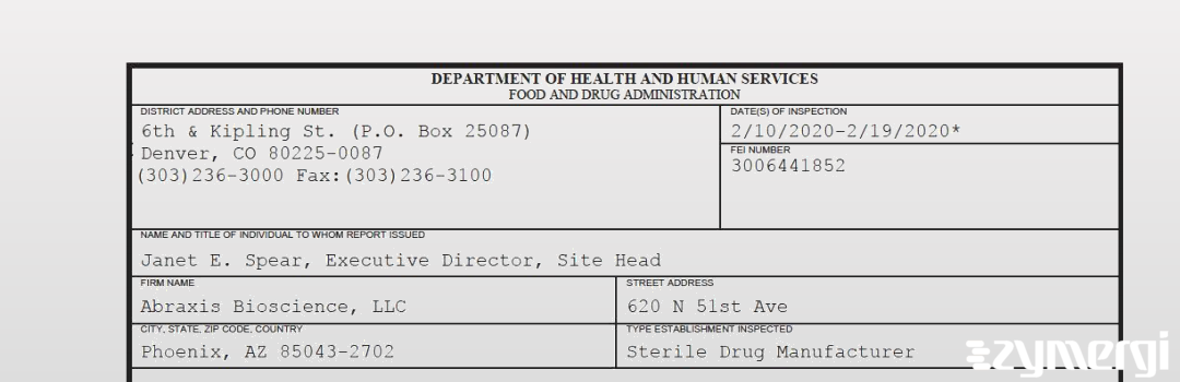 FDANews 483 Abraxis Bioscience Llc Feb 19 2020 top