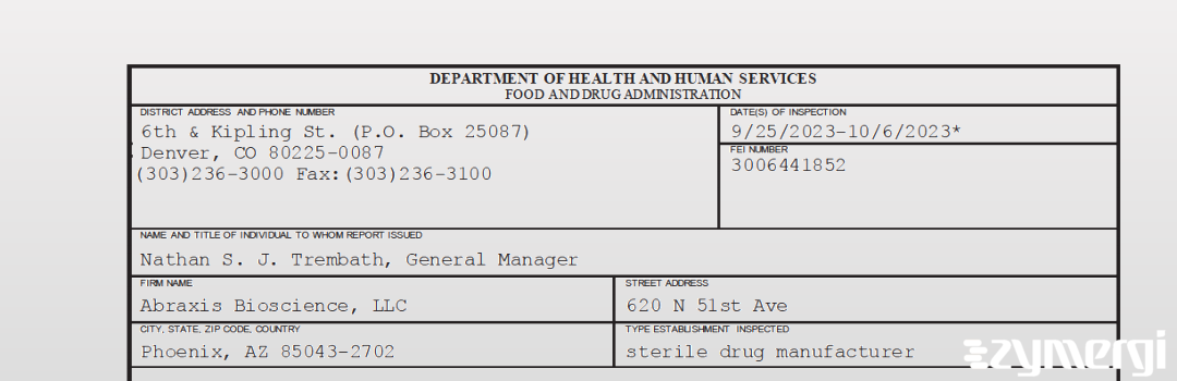 FDANews 483 Abraxis Bioscience Llc Oct 6 2023 top