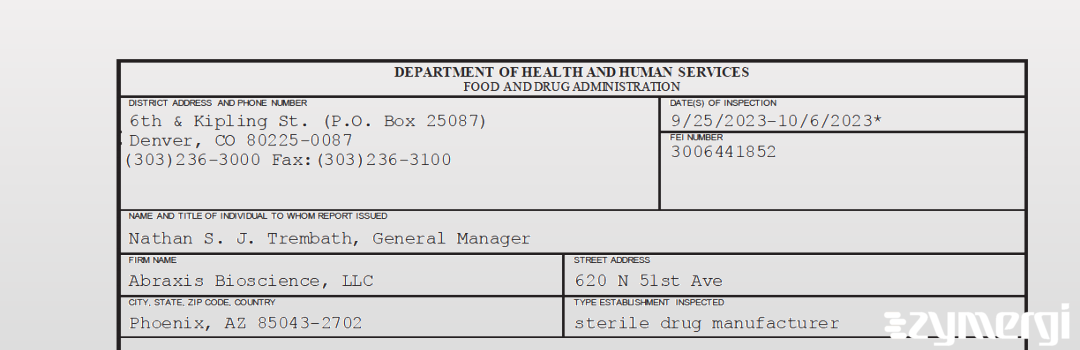 FDANews 483 Abraxis Bioscience Llc Oct 6 2023 top
