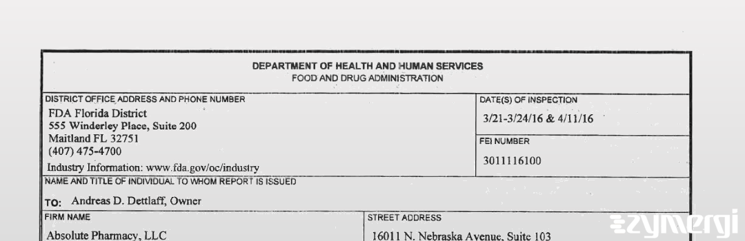 FDANews 483 Absolute Pharmacy, LLC Apr 11 2016 top