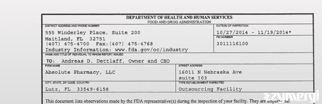 FDANews 483 Absolute Pharmacy, LLC Nov 19 2014 top