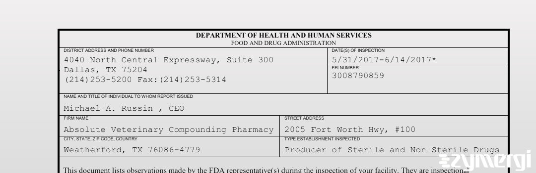 FDANews 483 Absolute Veterinary Compounding Pharmacy Jun 14 2017 top