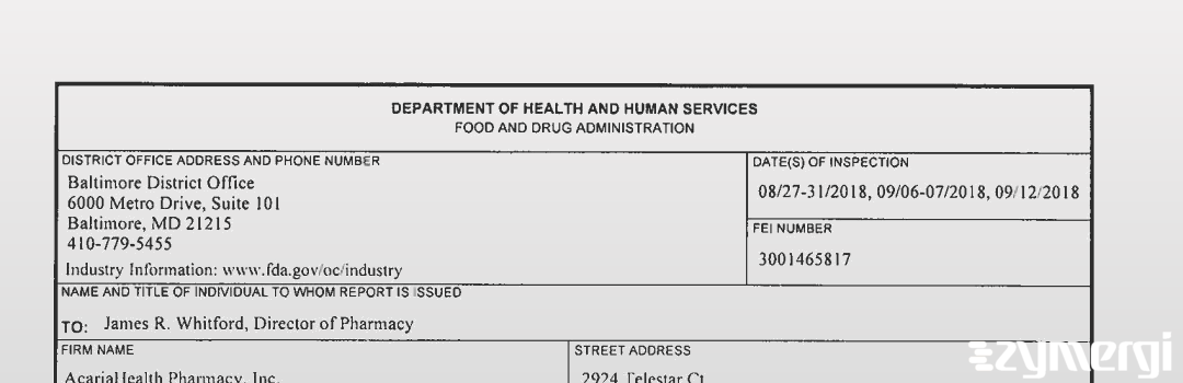 FDANews 483 AcariaHealth Pharmacy, Inc. Sep 12 2018 top