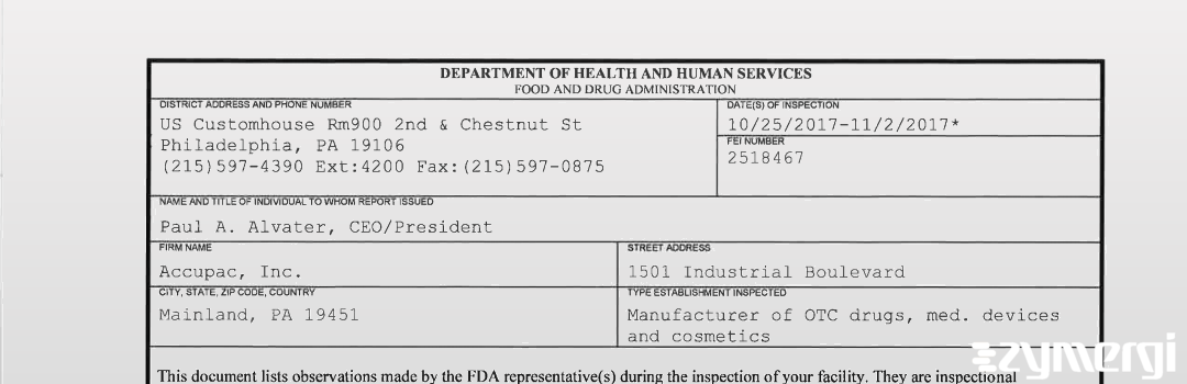 FDANews 483 Accupac, Inc. Nov 2 2017 top
