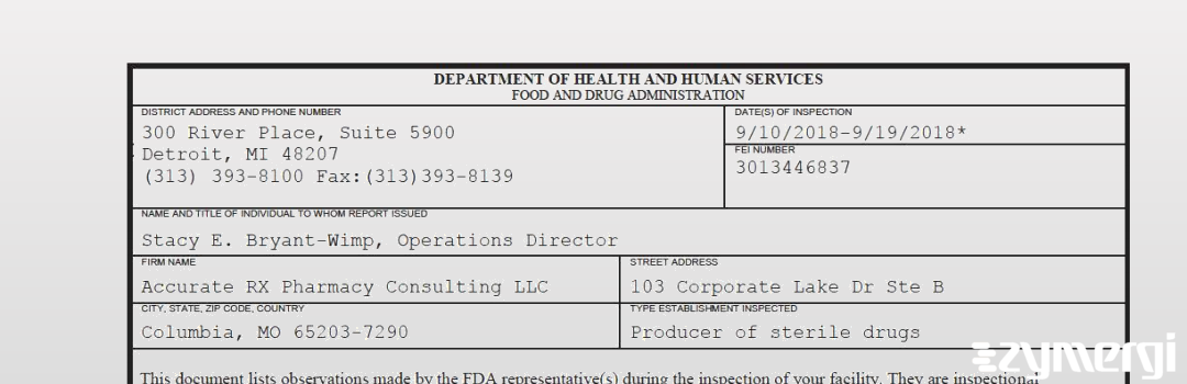 FDANews 483 Accurate RX Pharmacy Consulting LLC Sep 19 2018 top