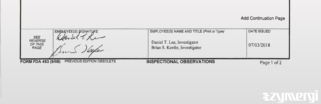 Brian S. Keefer FDA Investigator Daniel T. Lee FDA Investigator 