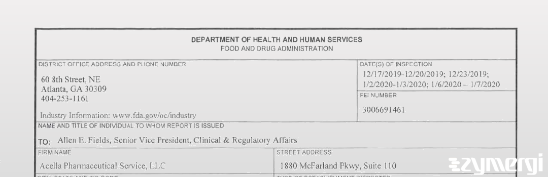 FDANews 483 Acella Pharmaceuticals, LLC Jan 7 2020 top