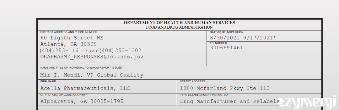 FDANews 483 Acella Pharmaceuticals, LLC Sep 17 2021 top