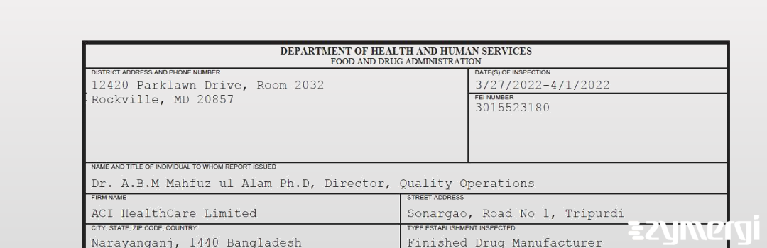 FDANews 483 ACI HealthCare Limited Apr 1 2022 top