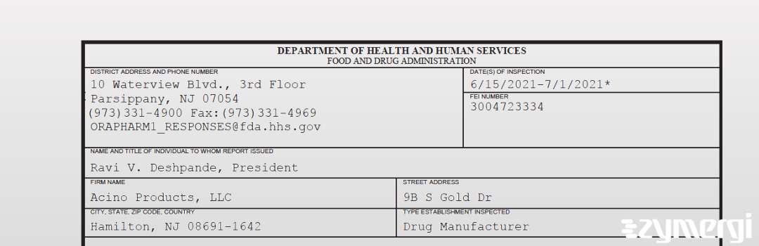 FDANews 483 Acino Products, LLC Jul 1 2021 top