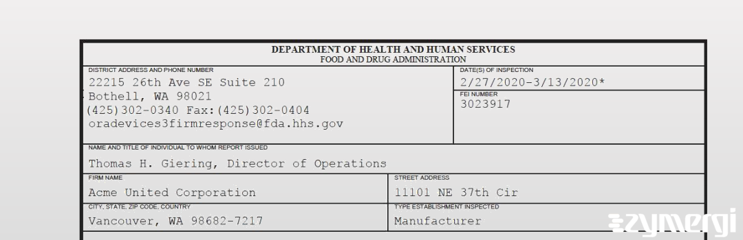 FDANews 483 Acme United Corporation Mar 13 2020 top