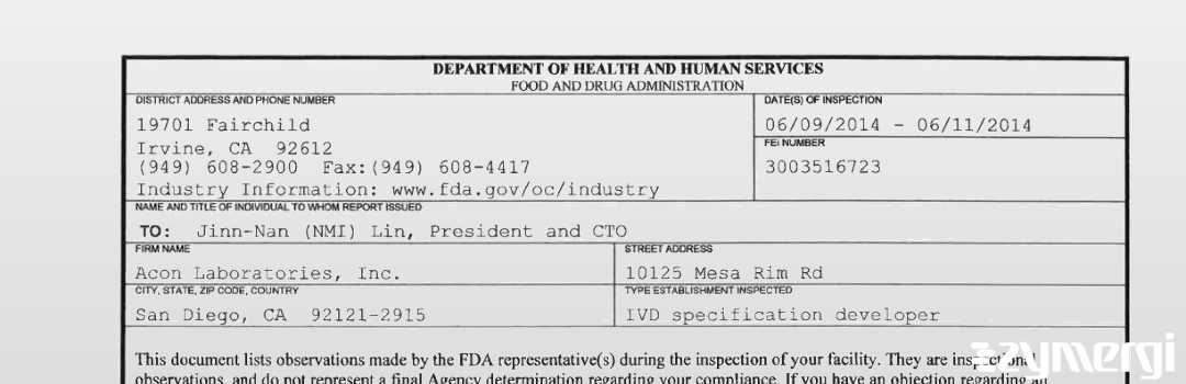 FDANews 483 Acon Laboratories, Inc. Jun 11 2014 top