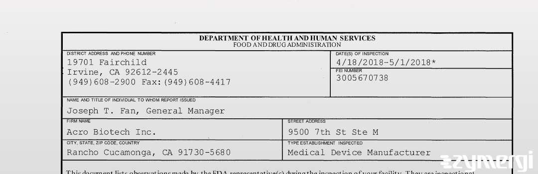 FDANews 483 Acro Biotech Inc. May 1 2018 top