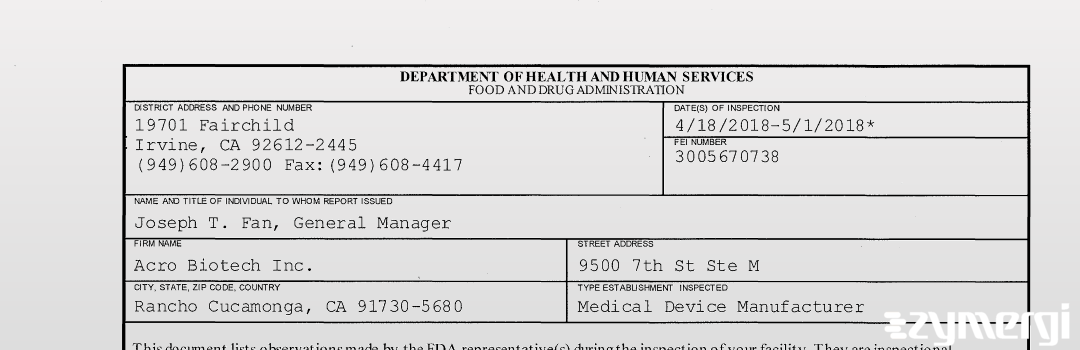 FDANews 483 Acro Biotech Inc. May 1 2018 top
