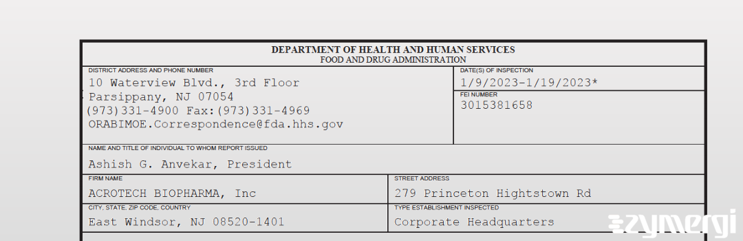 FDANews 483 ACROTECH BIOPHARMA, Inc Jan 19 2023 top