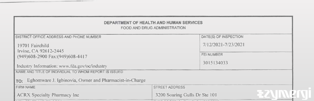 FDANews 483 ACRX Specialty Pharmacy Inc Jul 23 2021 top