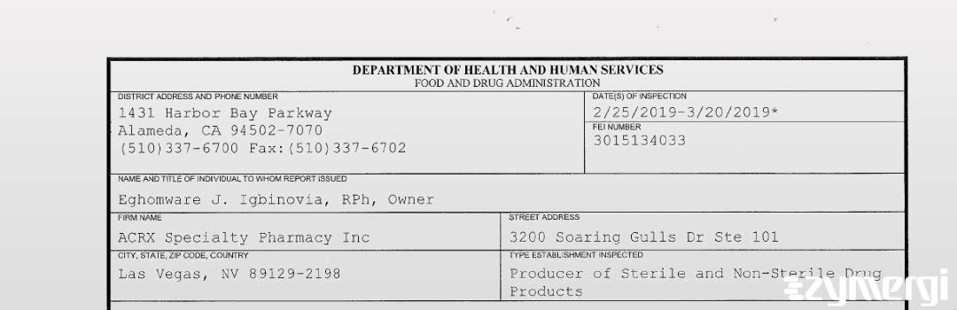 FDANews 483 ACRX Specialty Pharmacy Inc Mar 20 2019 top