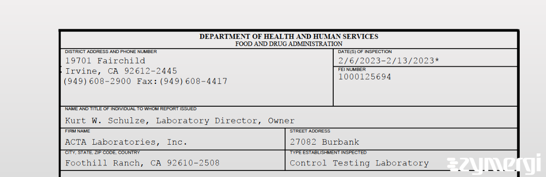 FDANews 483 ACTA Laboratories, Inc. Feb 13 2023 top