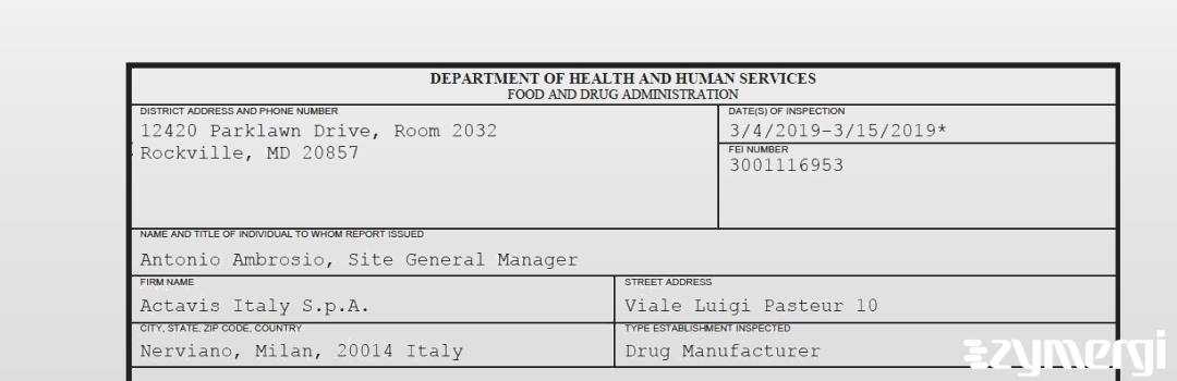 FDANews 483 Actavis Italy S.p.A. Mar 15 2019 top