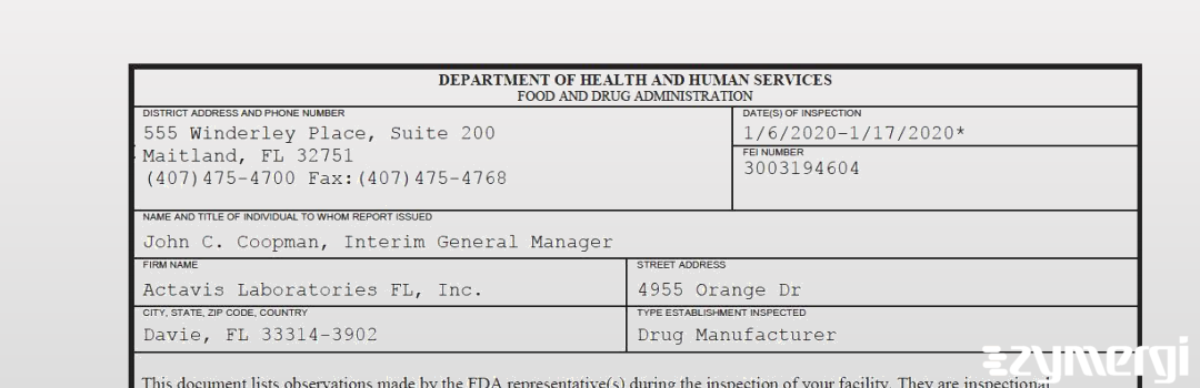 FDANews 483 Actavis Laboratories FL, Inc. Jan 17 2020 top