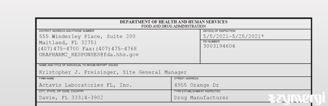 FDANews 483 Actavis Laboratories FL, Inc. May 25 2021 top